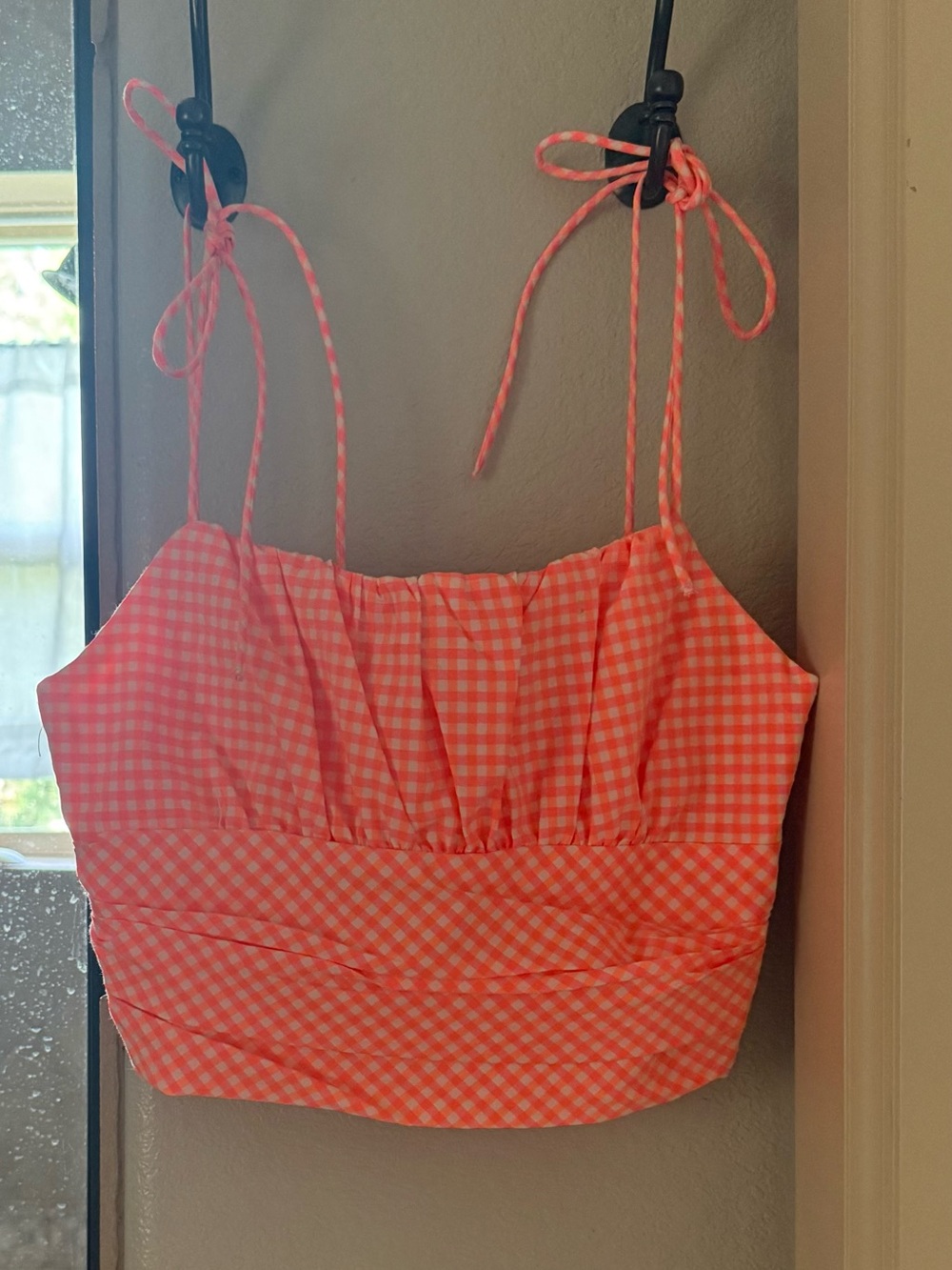 Zara - Women’s Gingham Tie-Shoulder Crop Top - Coral Pink